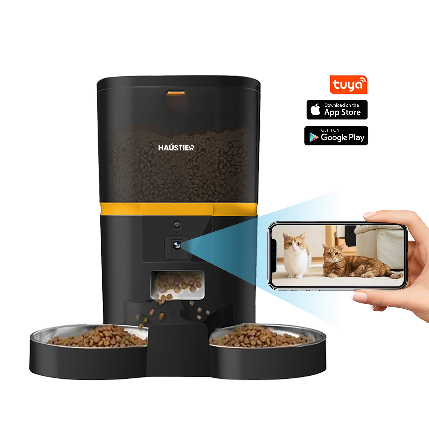 Haustier QQ005-Dual Akıllı Kedi Köpek Otomatik Mama Kabı , Tuya App-Wifi Uzaktan Kontrol, Sesle Çağırma, Ayarlanabilir Kamera, 6Lt hazne, Metal Kase, Siyah